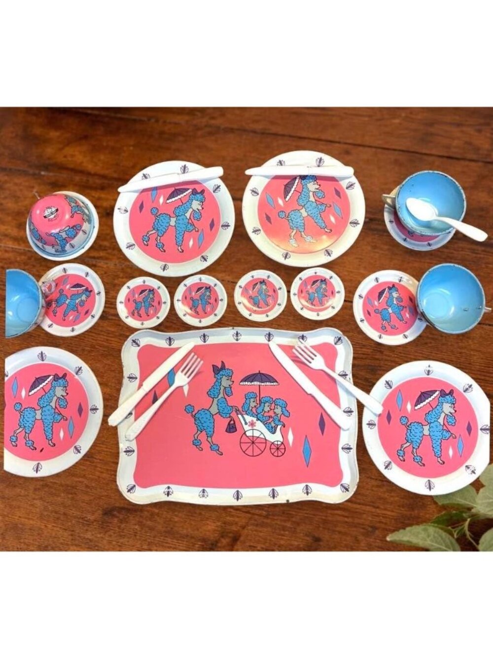 Vintage Ohio Art Childrens Tin Tea Set With Blue Poodle Design and Pink Backgrou